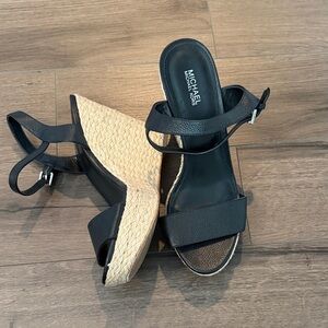MICHAEL KORS Black and Tan Wedge Sandals